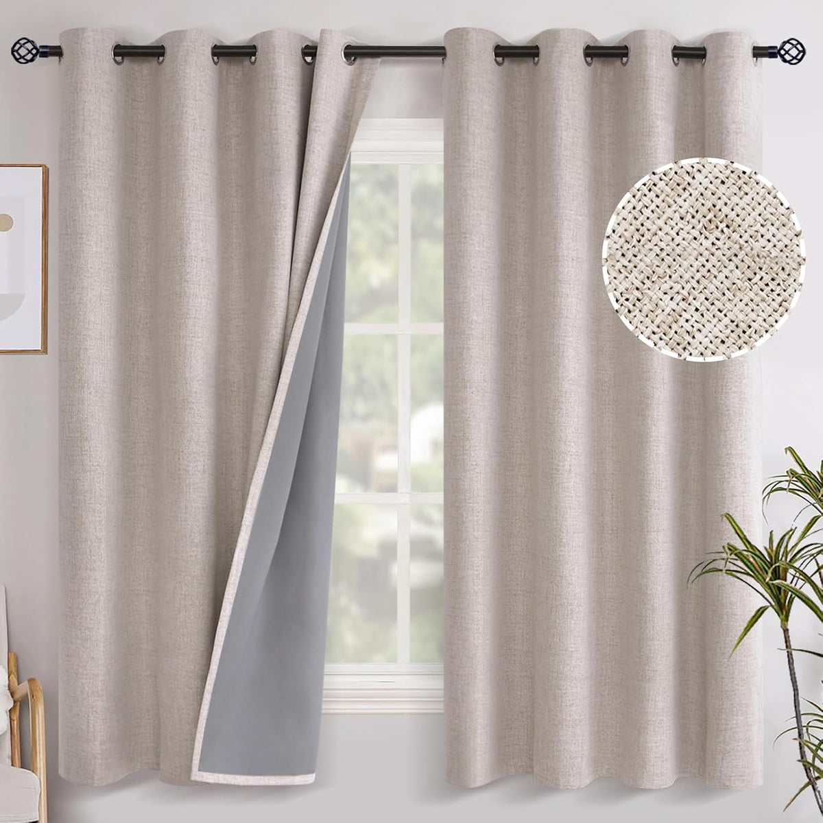 Youngstex Linen Blackout Curtains 63 Inch Length Bedroom Beige Darkening