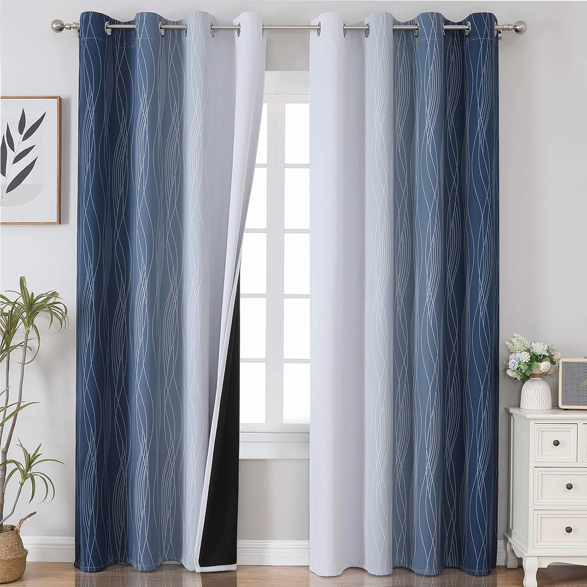 Navy Blue and Greyish White Blackout Curtains for Living Room 84 Inch Long