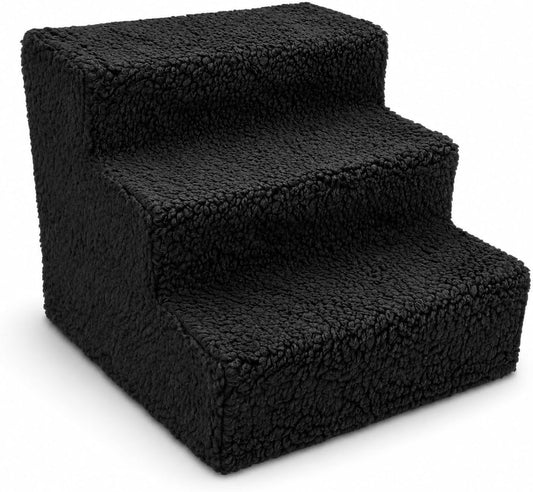 ZENVY 3-Step Pet Stairs for Small Dogs and Cats up to 20 Lb, Fleece-Covered Indoor Pet Steps with Removable Cover, MDF Wood Frame, Black