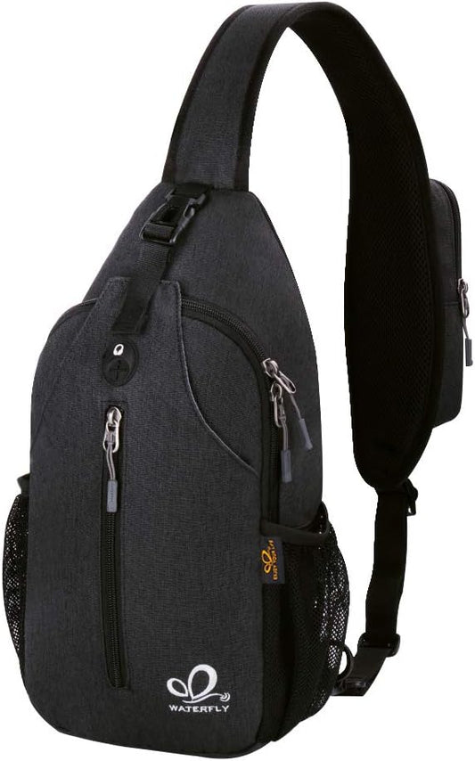 WATERFLY Crossbody Sling Backpack Sling Bag Travel Hiking Chest Bag Daypack (Black)