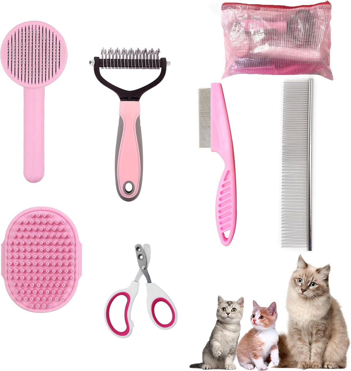 Cat Grooming Kit, 6-Piece Deshedding Brush Set, Pink