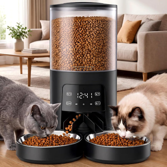 DUMOS 6L Automatic Cat Feeder for 2 Cats, Timed Pet Food Dispenser, Black