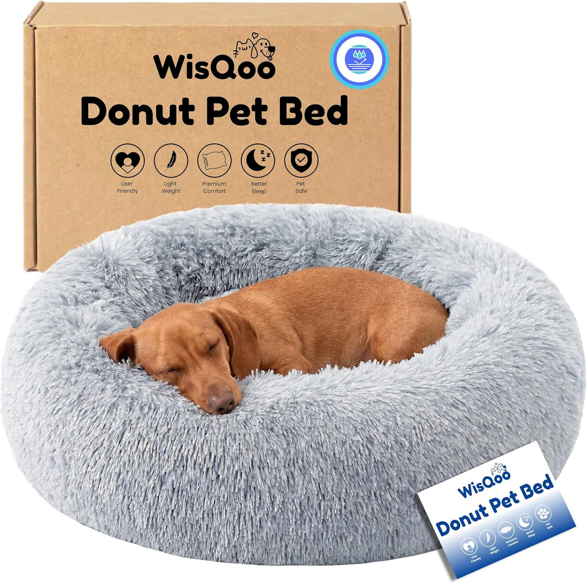 Calming Donut Dog Bed – Faux Fur Anti-Anxiety Pet Bed with Removable Washable Cover & Water-Resistant Liner – Plush Fluffy round Nest, Non-Slip Bottom for Dogs & Cats – Small, Grey