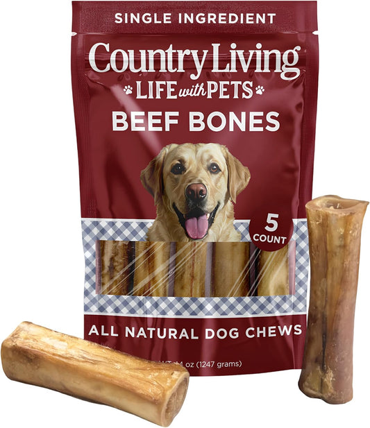 Country Living 5”-6” Beef Center Cut Bones for Dogs – 5 Count Bag – All-Natural, Long-Lasting Dog Chews – Single-Ingredient, High-Protein, Rawhide-Free – Supports Dental Health