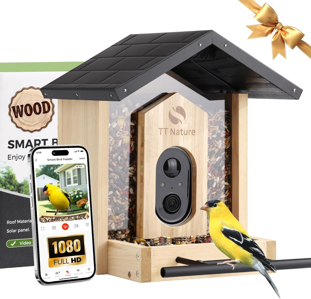 TT Nature Bird Feeder with Camera, Upgraded 1.5L Smart Birdhouse Al Identify for 10000 plus Species, Auto Capture & Real-Time Notifications, Ideal Gift for Bird Lovers (Iron Roof)