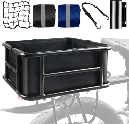 Rear Rack Bike Basket, Large Rear Bike Basket with Liners & Cargo Net & 2 Rain Covers, Heavy Duty Metal Bicycle Basket for Bicycle, Ebike, Electric Bike