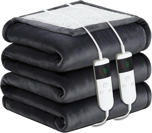 Electric Heated Blanket Queen Size 84''X90'' Soft Flannel & Sherpa Electric Blanket with 10 Heating Levels, Automatically Shut down after 8H with Overheat Protection Machine Washable