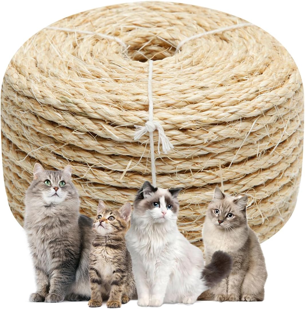 Natural Sisal Rope 1/4 Inch 32-Feet for Cat Tree Tower Repair and Replace Scratching Post, DIY Hemp Twine Rope for Cat Scratching Furniture Window Perch and Crafts Gardening Home Decorating