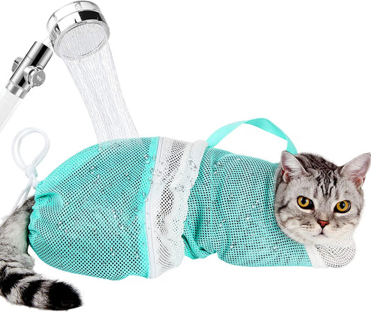 Cat Bathing Bag, Breathable Mesh Cat Shower Bag anti Scratch Adjustable Washing Grooming Bag for Nail Trimming Polyester Soft