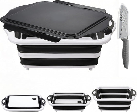 Collapsible BBQ Prep Tub with Lid, Foldable Camping Sink with Colander, Cutting Board, Dish Basin for Kitchen, Bowl, Vegetable and Fruit, Storage Basket for Picnic-Black