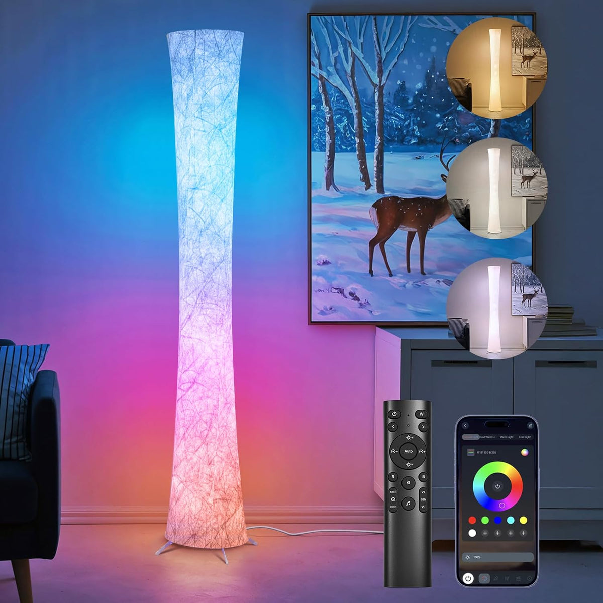 WORLD WIN 61'' RGB LED Corner Floor Lamp, Unique Hourglass Shade, Round