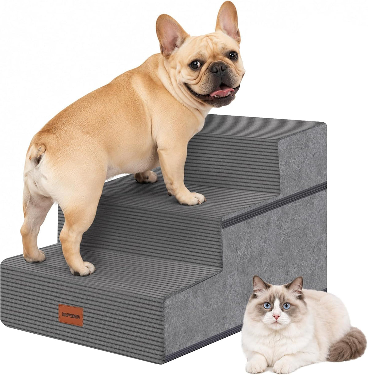 Dog Stairs for Small Dogs, 13.5" H, 3-Step Pet Steps for Bed Couch Sofa and Chair, Non-Slip Balanced Pet Ramp for Injured & Senior Pets with Washable Cover and Durable High Density Foam, Grey