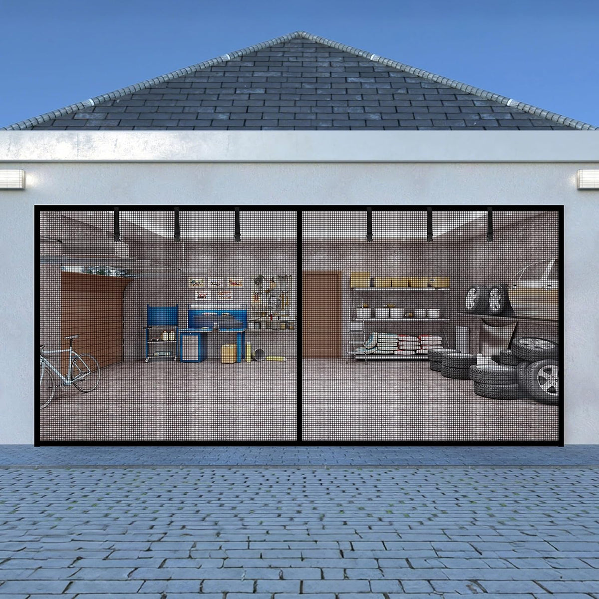 LIAMST Garage Door Screen for 2 Car Garage Door-16X7Ft Reinforced Fiberglass Garage Screen, Magnetic Garage Screen Door