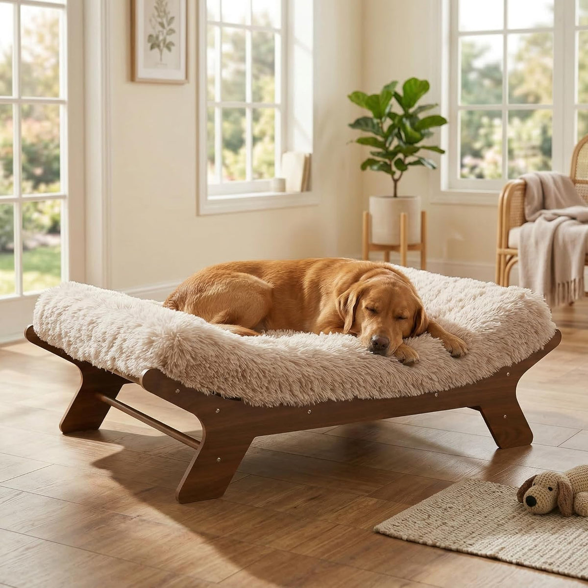 Elevated Wood Dog Bed Frame with Foam Mattress, Walnutpattern, XL
