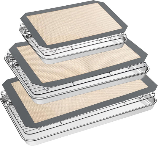 Baking Sheet Tray Cooling Rack with Silicone Baking Mat Set, Stainless Steel Cookie Pan for Oven, Set of 9 (3 Sheets + 3 Racks + 3 Mats), Warp Resistant & Heavy Duty & Easy Clean, Red