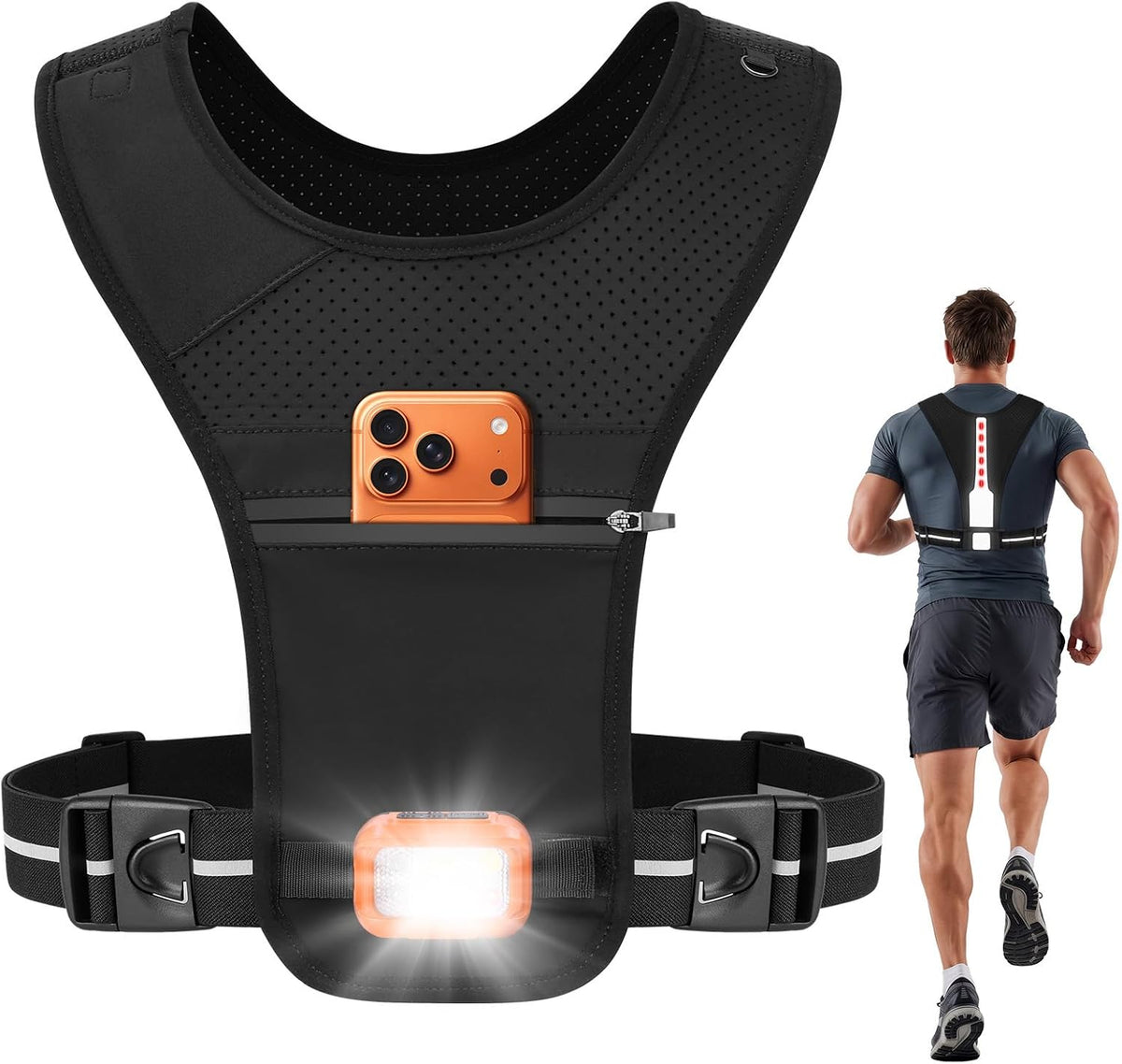 MOKURA Running Vest with Light for Women Men, Phone Holder Reflective Vest