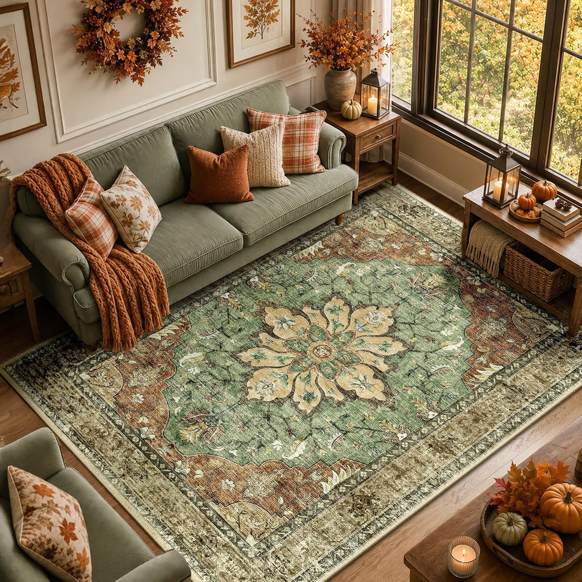 RELEANY Washable Area Rug, 8'X10', Brick/Brown/Green