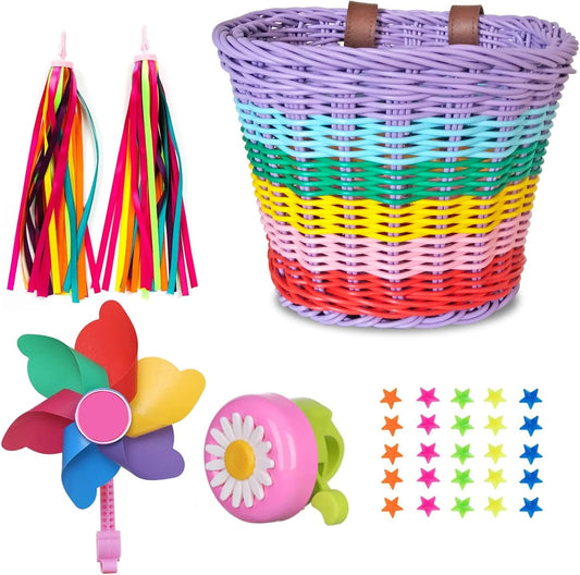 Bicycle Basket for Girls, Adjustable Front Handlebar Bike Basket with Bike Streamers Set Bell/Bicycle Windmill/Bicycle Wheel Beads DIY Bike Decoration Accessories Kit Scooter Basket