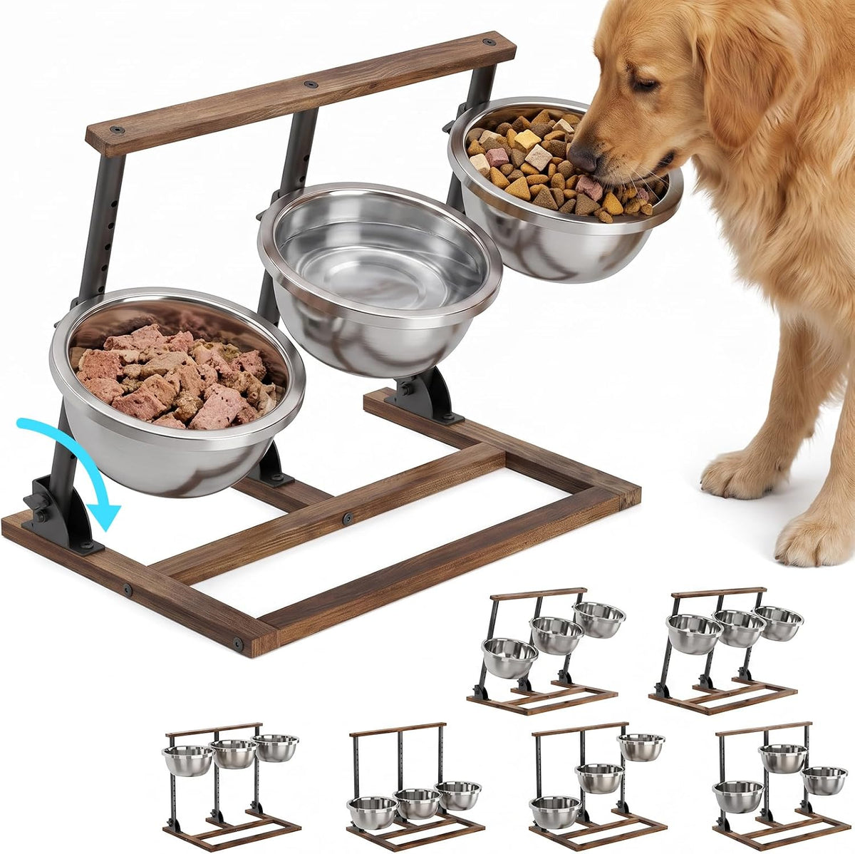 Zoozoo Elevated Dog Bowls 13 Heights, Tiltable 3 Bowl Raised Wooden Stand