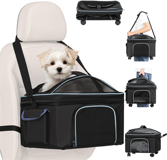 4-In-1 Cat Car Seat and Cat Carrier with Removable Wheels Booster Car Seats for Small Dogs Cats Comes with Shoulder Strap Clip-On Safety Leash and Thickened Pads, Pet Travel Carrier Bed up to 15Lbs