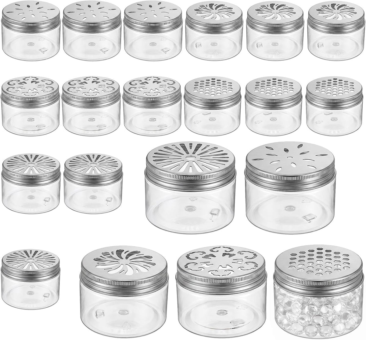 20 Pack Scent Beads Container with Vented Lid, 4 Oz Solid Perfume Container Refillable Clear Jar for Aromatherapy Gel Air Freshener Car Odor Absorber, Aluminum+Pp