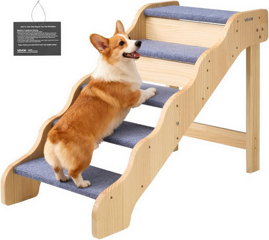 VEVOR Wood Pet Stairs, 5-Step Dog Stairs for Beds, Sofa & Cars, 150Lbs Load Capacity, Floded Flat Design, Stable & Sturdy Cat & Dog Step Ladder for Small Medium Large Older Pet Puppy Essentials