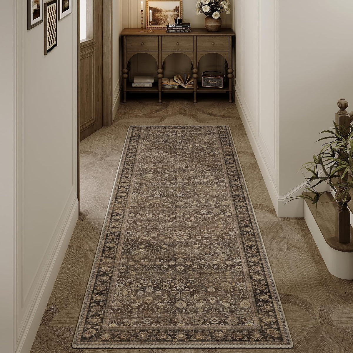 HUGEAR 2X6 Brown Vintage Floral Washable Runner Rug for Hallway