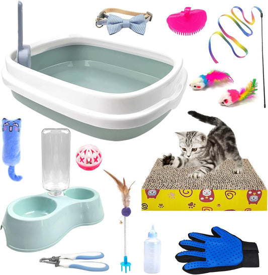 Kitten Starter Kit - 15 Piece Cat Essentials Set Includes Litter Box, Toys, Collars, Scratch Pad, Nail File, Automatic Feed Bowls, Grooming Gloves