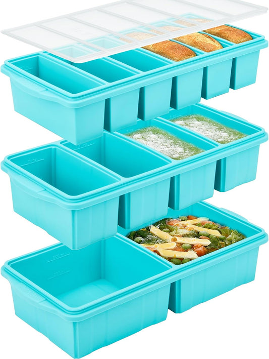 Silicone Freezer Tray with Lid - Soup Freezer Container Molds Set Makes 2-Cup & 1-Cup 1/2-Cup Portions Cubes Perfect for Preparing Meals in Different Portion Sizes Oven & Dishwasher-Safe