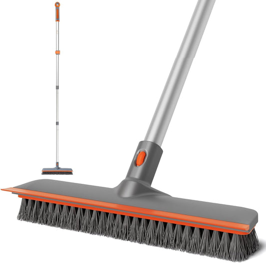 Eazer 2-In-1 Long Handle Floor Scrub Brush, Soft/Hard Bristle Deck Brush with Squeegee, Garage Floor Cleaner for Tile/Concrete, Indoor/Outdoor for Kitchen, Bathroom Pool Deck - 12" W/60" H