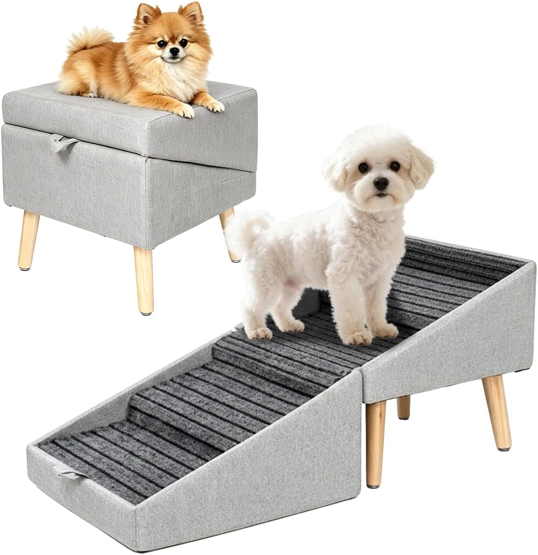Dog Ramp for Couch Sofa and Low Bed, 13.5"H 2-In-1 Foldable Split Ottoman&Steps, Non-Slip Wooden Pet Stairs for Small Senior Injured Dogs & Cats
