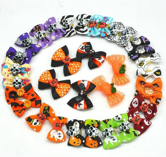 20Pcs/10 Pairs Puppy Yorkie Dog Hair Bow Halloween Ribbon with Rubber Band 40Mm, Mix Colors Varies Patterns Pet Grooming Products (Halloween)