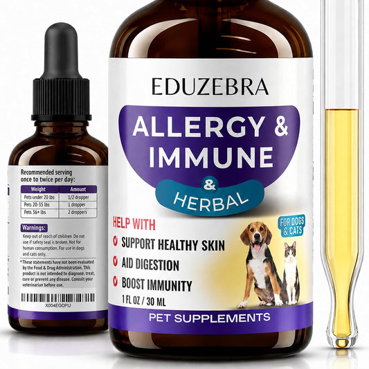 EDUZEBRA Allergy Relief Drops for Dogs & Cats, Natural Anti-Itch Support Supplement, Soothes Seasonal Allergies, Skin Irritation & Boosts Pet Wellness, Gentle Herbal Formula for All Breeds & Ages