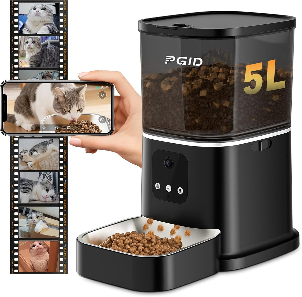 Automatic Cat Feeder with 4K Camera,2.4G Auto Dog Feeder W Night Vision,Pet Feeder W2-Way Audio,Timed Cat Feeders for Dry Food,Dogs Food Dispenser W APP Control 5L