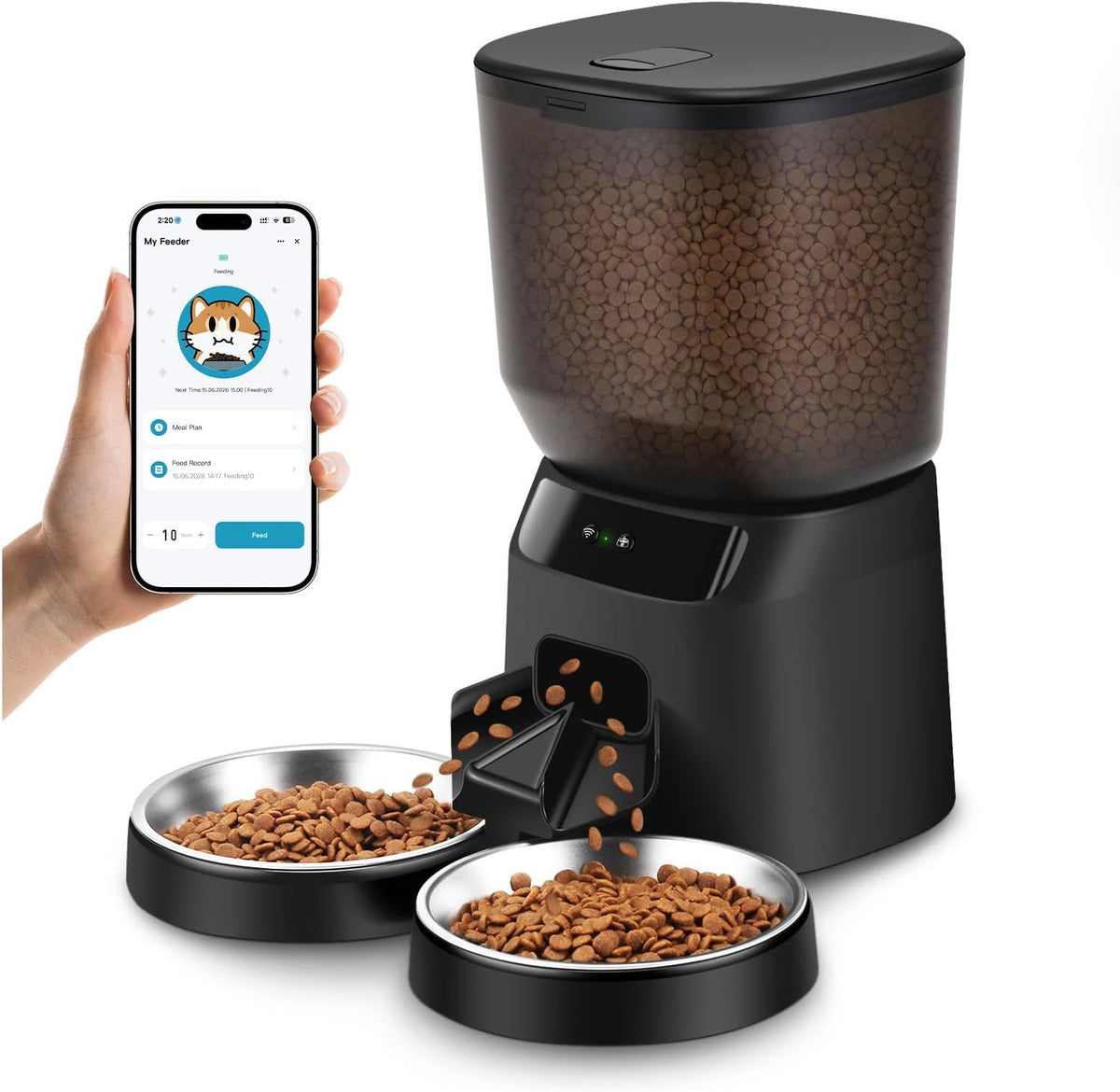 Automatic Cat Feeders Wifi for Two Cats, 5L/20 Cups Double Automatic Cat Food Dispenser with APP Control, 2 Stainless Bowls, Timer Setting 20 Portions 10 Meals per Day