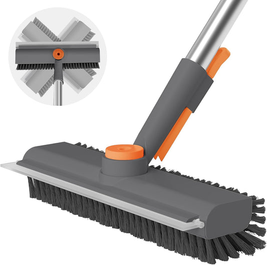 AIR U+ Floor Scrub Brush with Long Handle, 3-In-1 Rotating Head & Squeegee