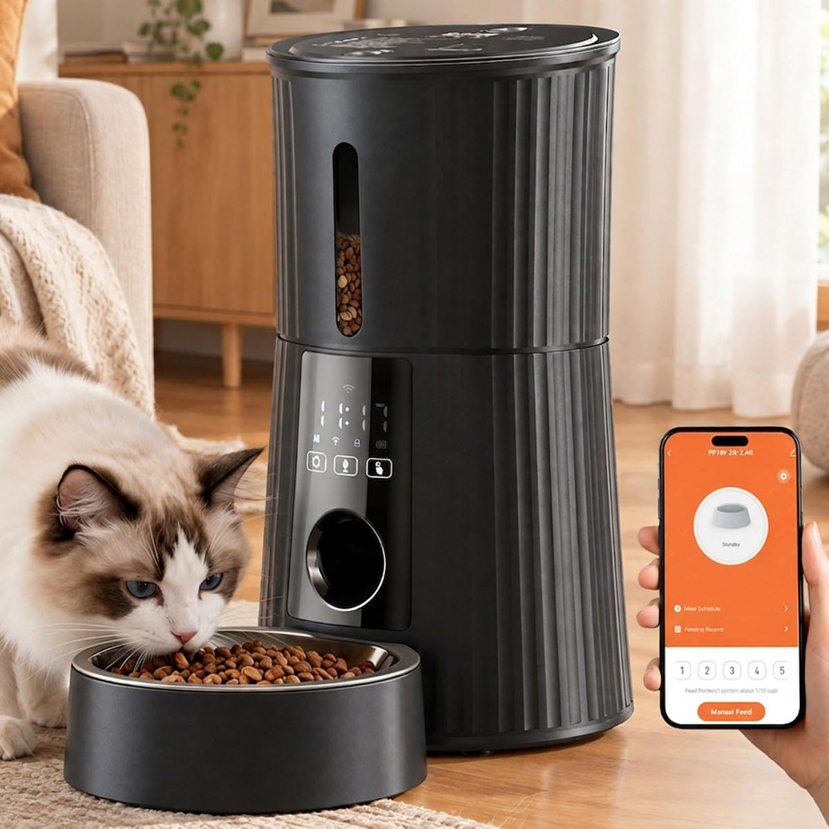 Sweetcrispy Automatic Cat Feeder, 4L Cat Food Dispenser with APP - Black