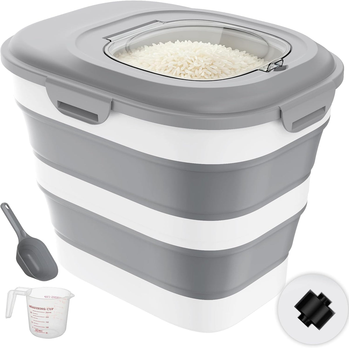 Rice Storage Container, 20 to 50Lbs Collapsible Airtight Rice Container, 30 Lbs Dog Food Storage Container with Wheels, Cup and Scoop, Food Dispenser Bin for Flour, Cereal, Flour, Cat, Bird, Pet