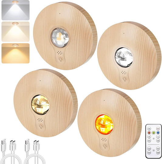 Puck Lights with Remote Control,Rechargeable under Cabinet Lighting,1500Mah Battery Operated Tap Light,3 Color Dimmable Magnetic Wireless Stick on Lights for Kitchen Counter Shelf (Natural Wood,4 Pcs)