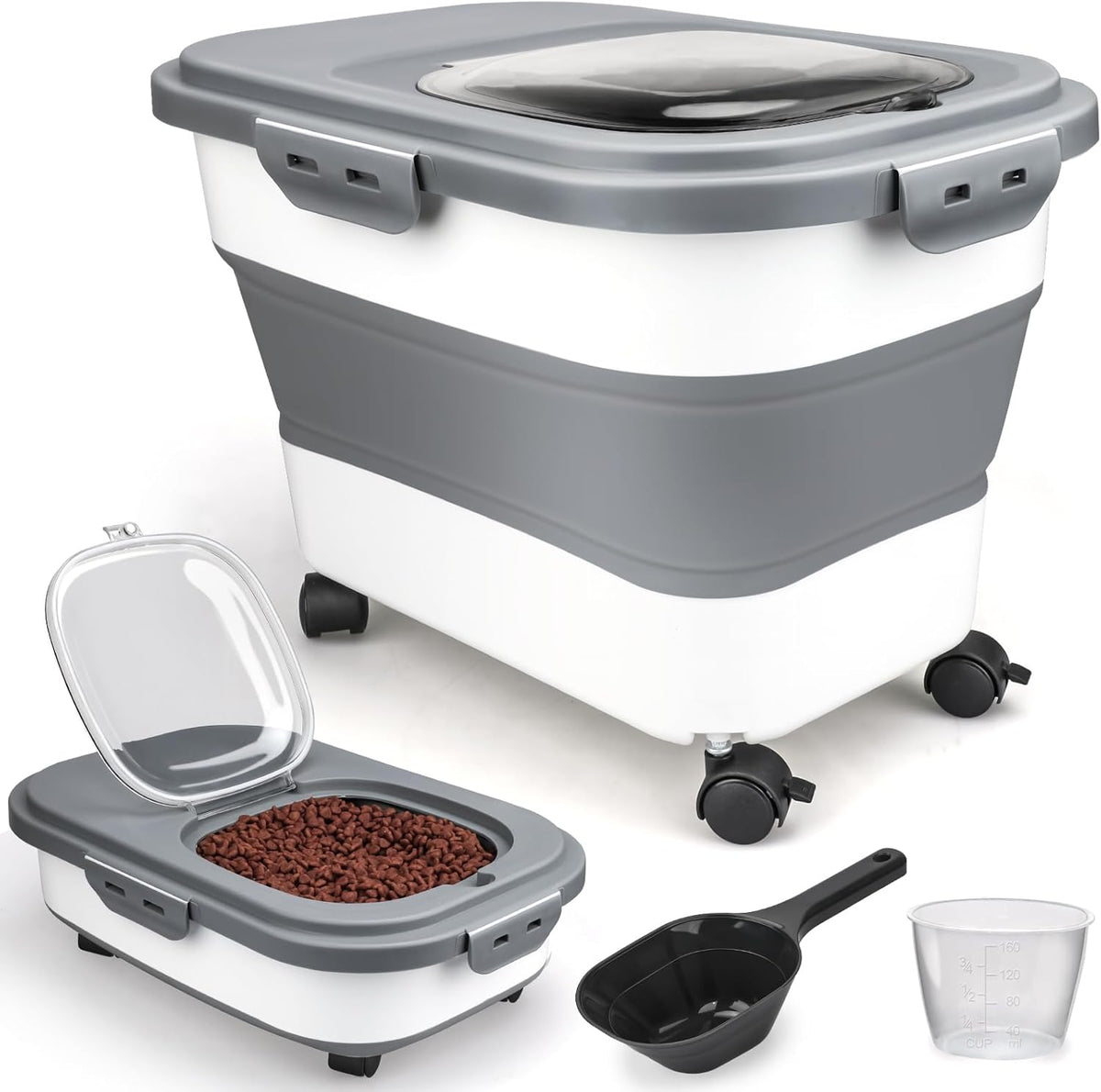 Viretec Dog Food Storage Container, 10-20Lbs Collapsible Pet Food Storage Containers with Rolling Wheel Airtight Locking Lid, Dry Food Storage Bin with Cup and Scoop,Suitable for Pet Food, Flour, Rice