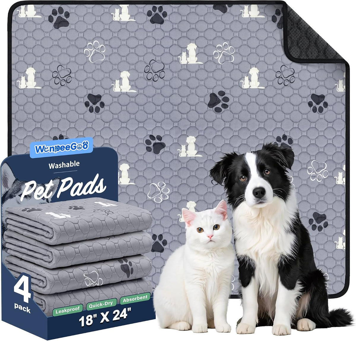 Wanpeegoo Washable Pee Pads for Dogs, Waterproof, 18 X 24 In, 4 Pack, Gray