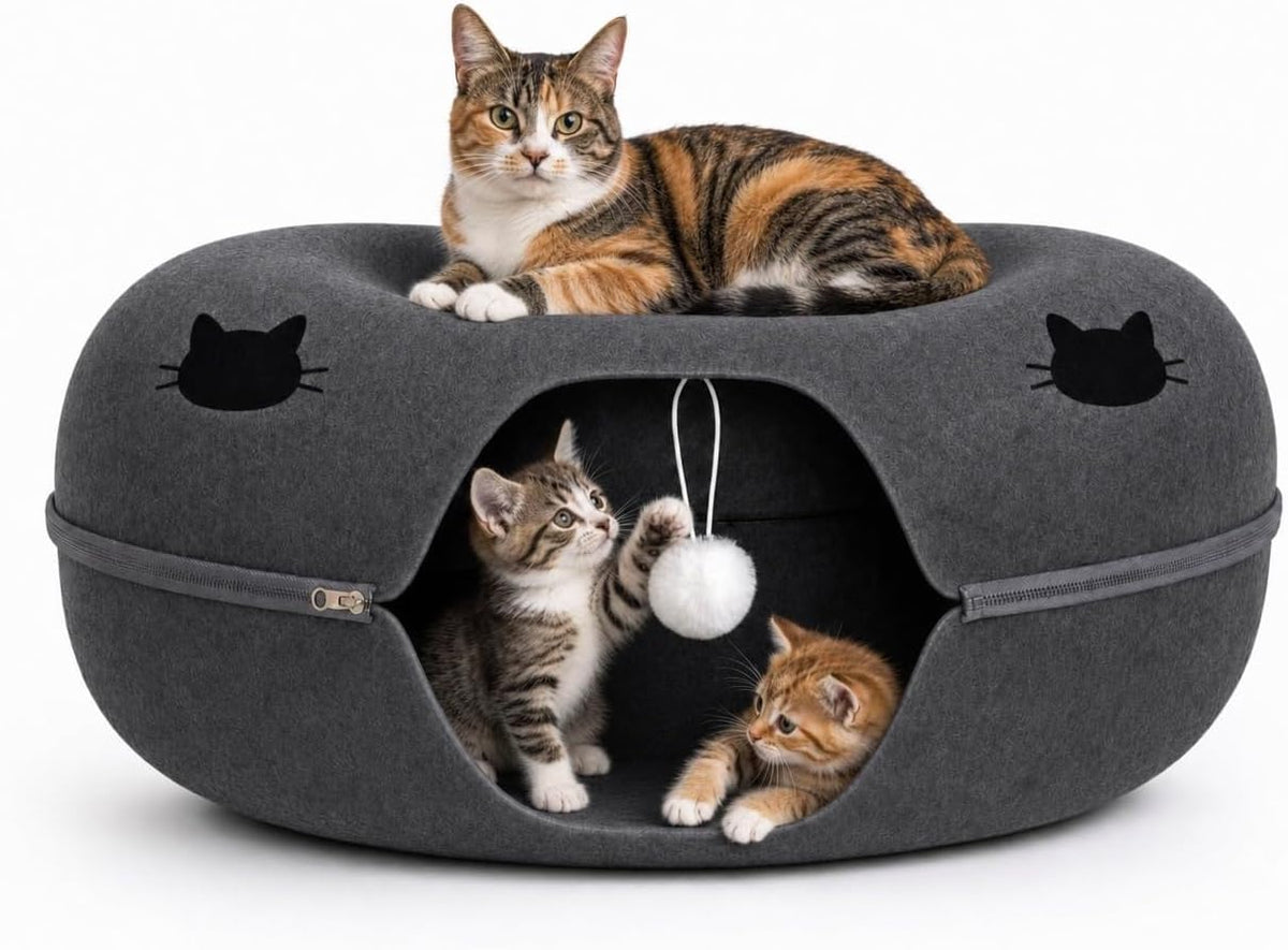 Cat Cave Tunnel Bed - Comfort Bedz Large Donut Cat House, Enclosed Felt Hideaway with Zipper, Top Perch, Interactive Toy, Washable for Indoor Cats up to 25Lbs