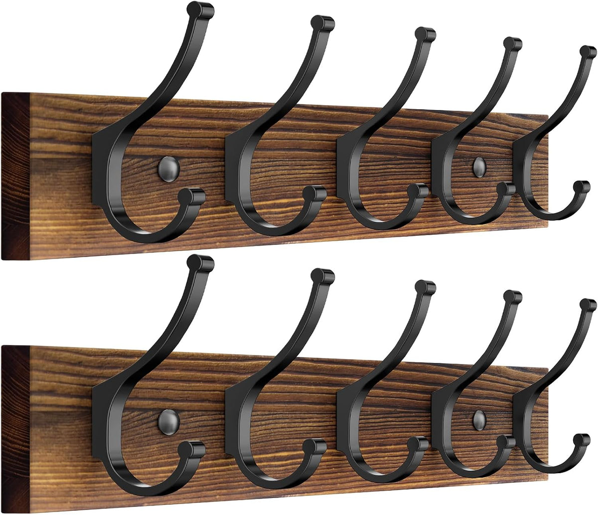 Optish 2 Pack Wooden Coat Rack Wall Mount, 16.1" Rustic Coat Hanger Hooks with 10 Double Hooks, Wall Coat Rack for Hat, Clothes, Bags, Jacket, Brown