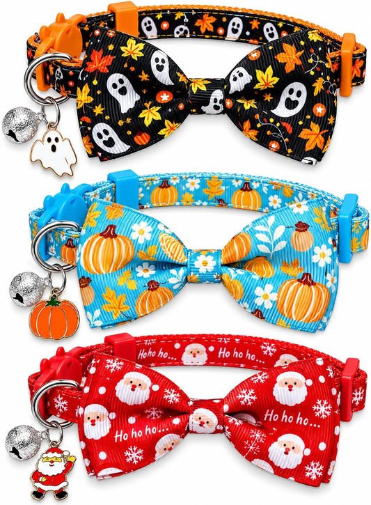 3 Pack Holiday Breakaway Cat Collars with Bow Ties & Bells