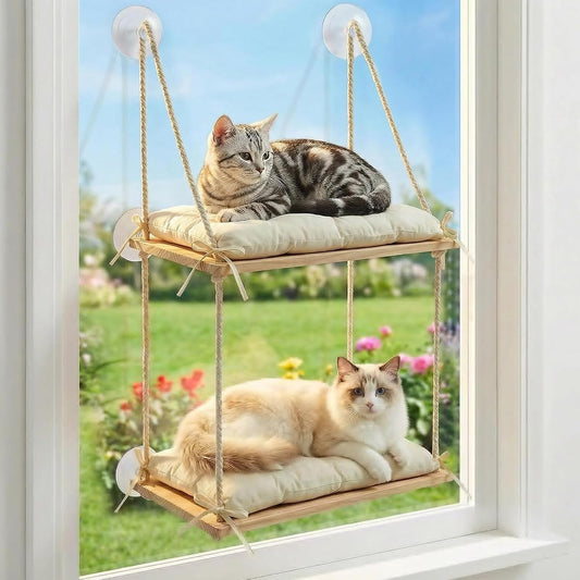 Cat Window Perch Wooden Cat Hammock Double Tier 8 Heavy-Duty Suction Cups