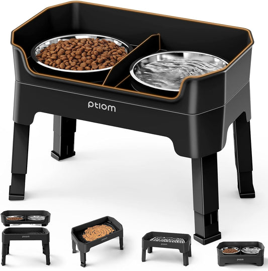 3-In-1 Elevated Dog Bowls Mess Proof Raised Slow Feeder Dog Bowls, 4 Height Adjustable Dog Bowl Stand Licking Plate with 2 56Oz Stainless Steel Dog Food Bowls for Small Medium Large Dogs Pets