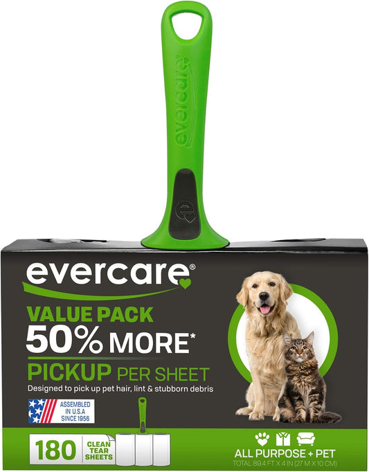 Evercare All Purpose Pet Hair Lint Roller with 2 Refills, 180 Total Sheets, Manual Reusable Sticky Roller for Pet Hair, Green