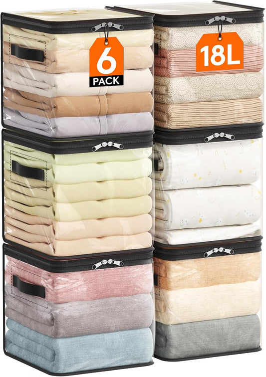 Plastic Storage Bags with Easy-Glide Zipper, Pack of 6, Durable Clear Vinyl Zippered Storage Bags for Clothes Sweaters Comforters Blankets Sheets Bedding (15.7 X 13.8 X 3.9 Inch, Transparent White)