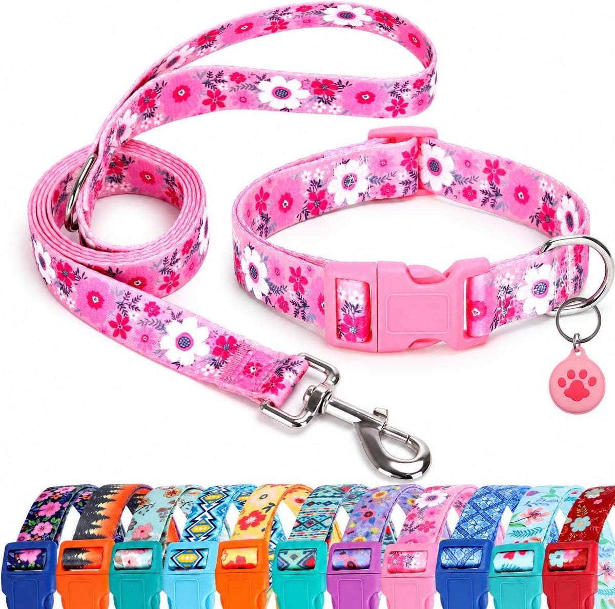 Floral Matching Dog Collar and Leash Set with Airtag Holder-Pink Daisy/Xs