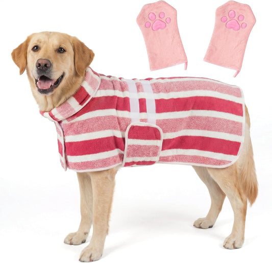 Quick Drying Dog Bathrobe for Large Dogs - Coral Fleece Super Absorbent Pet Towel Robe with 2 Drying Gloves, Adjustable Velcro and Button Closure, XL Size, Red